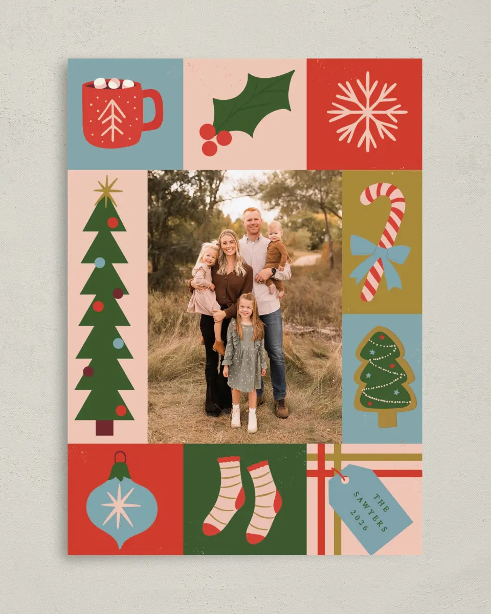 This is a 5" x 7" Christmas Card called Patchwork Holiday printed in full color with Gold foil on Soft Suede (coated) paper