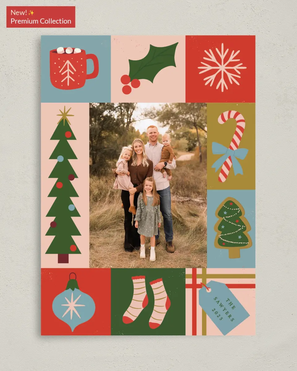 This is a 5" x 7" Christmas Card called Patchwork Holiday printed in full color with Gold foil on Premium Smooth paper