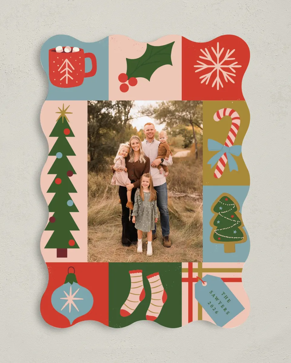This is a 5" x 7" Christmas Card called Patchwork Holiday printed in full color with Gold foil on Premium Smooth paper