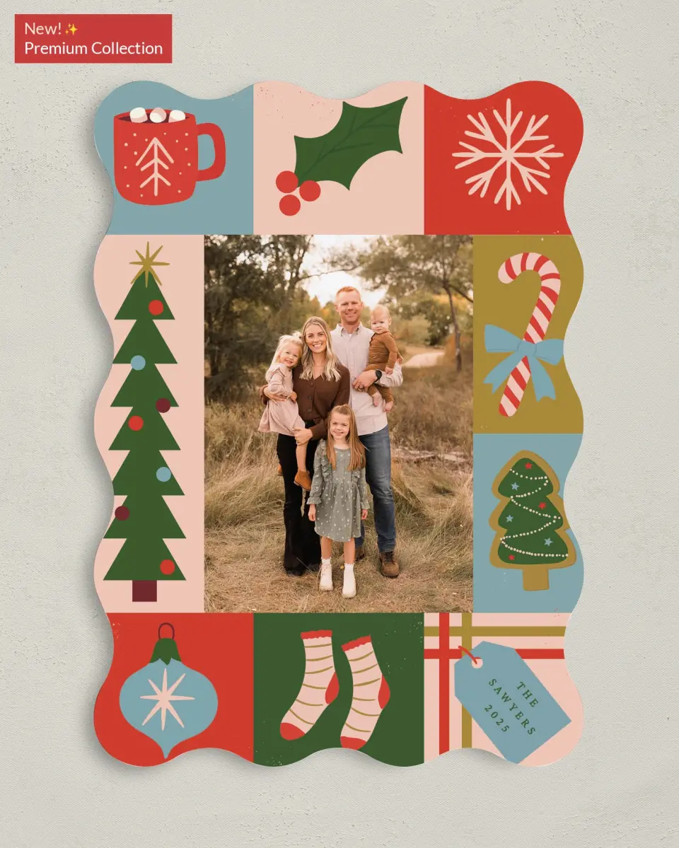 This is a 5" x 7" Christmas Card called Patchwork Holiday printed in full color with Gold foil on Premium Smooth paper