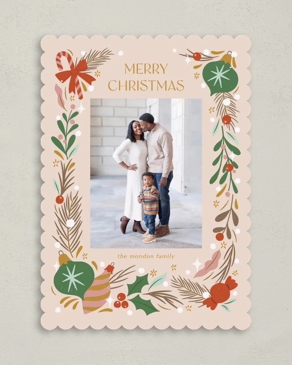 This is a 5" x 7" Christmas Card called Festive Season printed in full color with Gold foil on Premium Smooth paper on Premium Smooth paper on Premium Smooth paper