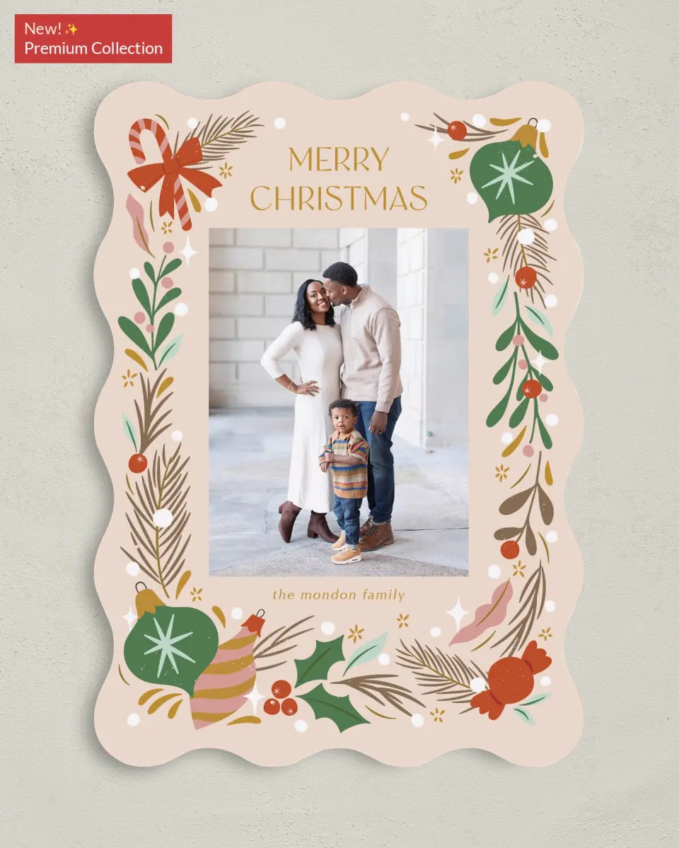 This is a 5" x 7" Christmas Card called Festive Season printed in full color with Gold foil on Premium Smooth paper