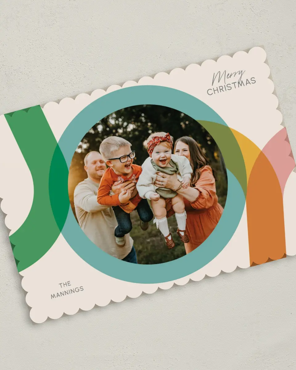 This is a 5" x 7" Christmas Card called Playful Joy printed in full color with Gold foil on Premium Smooth paper on Premium Smooth paper on Premium Smooth paper