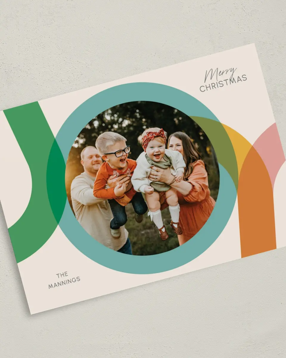 This is a 5" x 7" Christmas Card called Playful Joy printed in full color with Gold foil on Premium Smooth paper