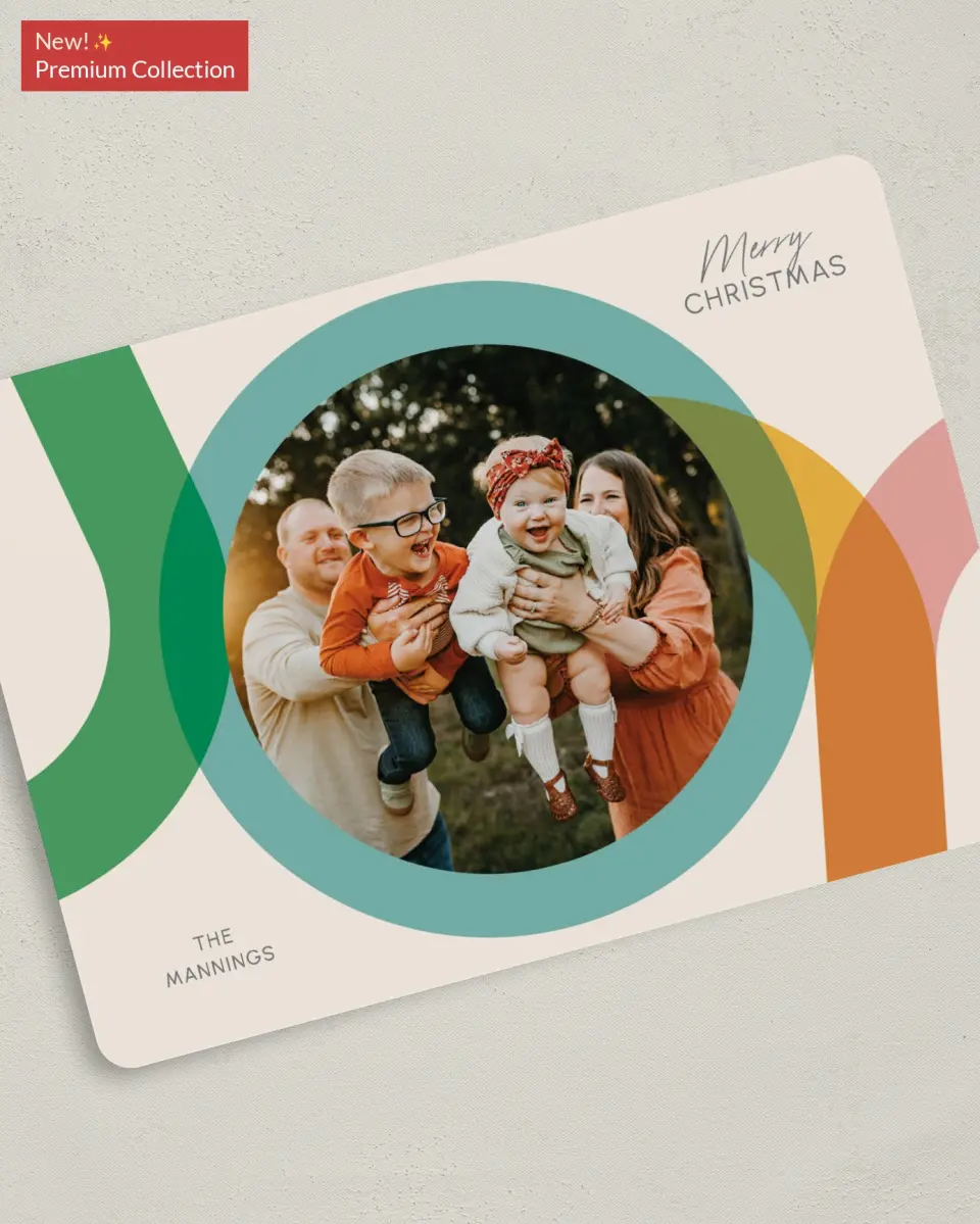 This is a 5" x 7" Christmas Card called Playful Joy printed in full color with Gold foil on Premium Smooth paper