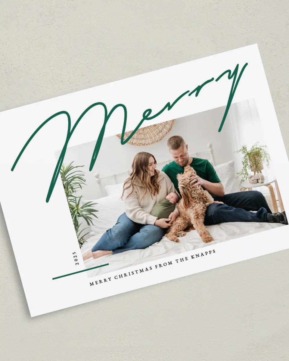 This is a 5" x 7" Christmas Card called Handwritten Merry printed in full color on Premium Smooth paper