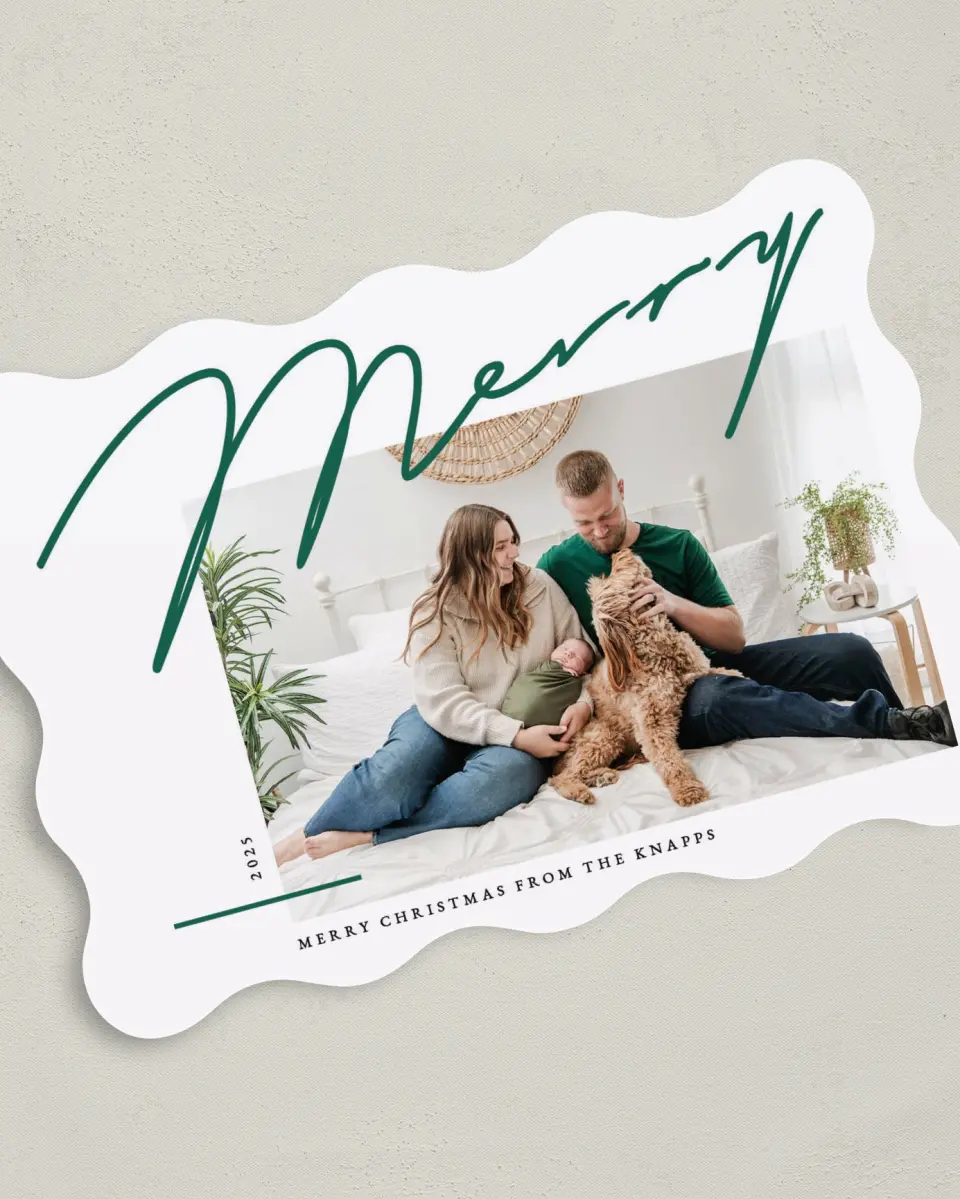 This is a 5" x 7" Christmas Card called Handwritten Merry printed in full color on Premium Smooth paper