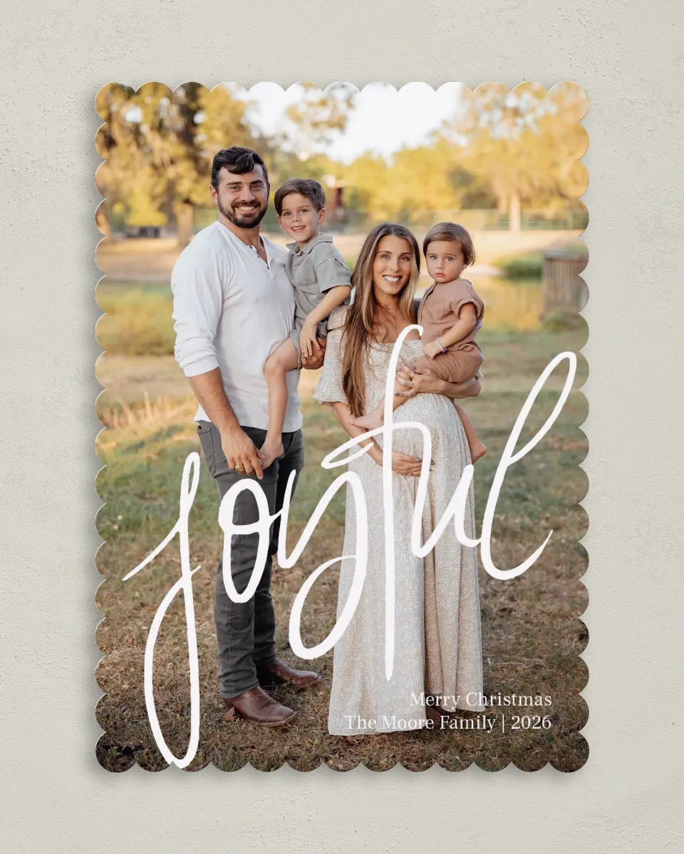 This is a 5" x 7" Christmas Card called Just Joyful printed in full color with Gold foil on Premium Smooth paper on Premium Smooth paper on Premium Smooth paper