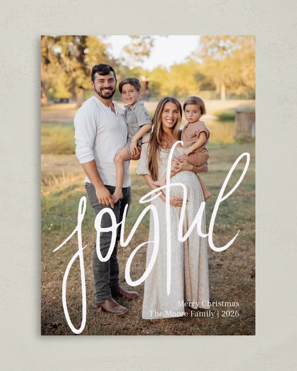 This is a 5" x 7" Christmas Card called Just Joyful printed in full color with Gold foil on Premium Smooth paper
