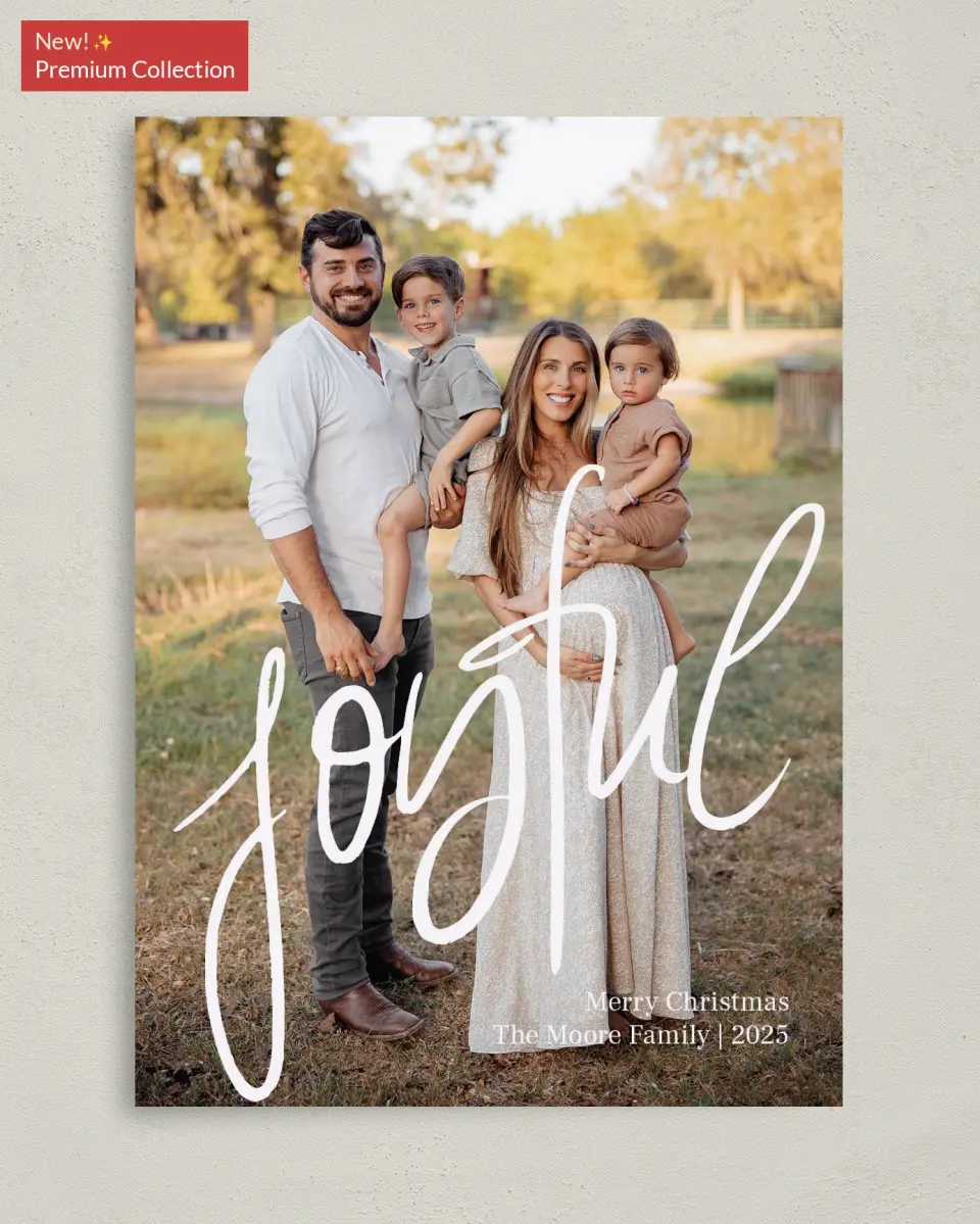 This is a 5" x 7" Christmas Card called Just Joyful printed in full color with Gold foil on Premium Smooth paper