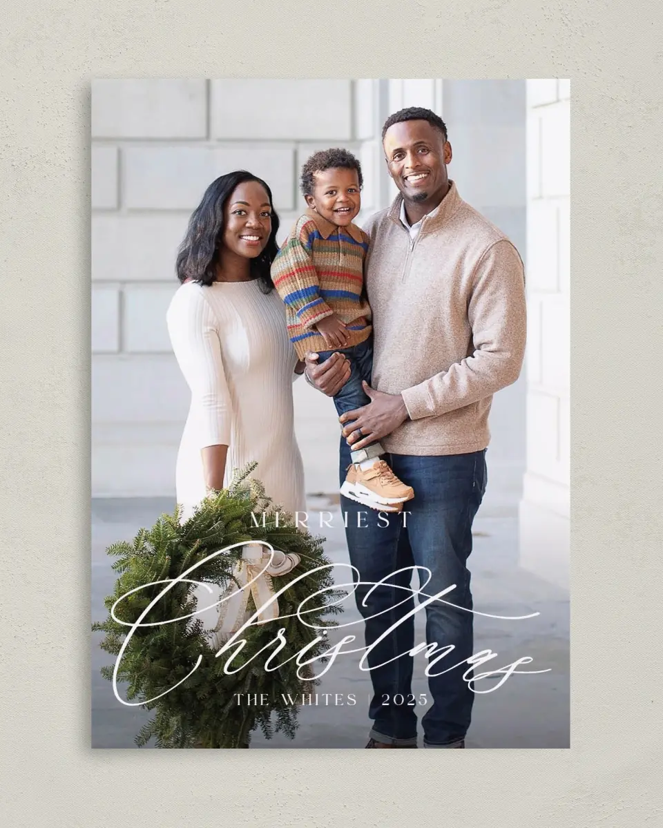 This is a 5" x 7" Christmas Card called Scripted Christmas printed in full color on Premium Smooth paper