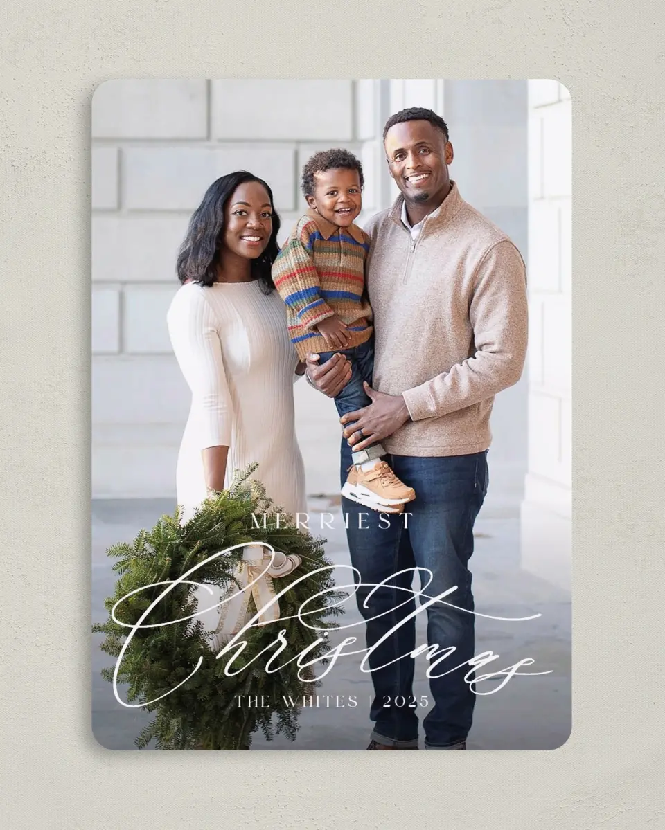 This is a 5" x 7" Christmas Card called Scripted Christmas printed in full color with Gold foil on Soft Suede (coated) paper
