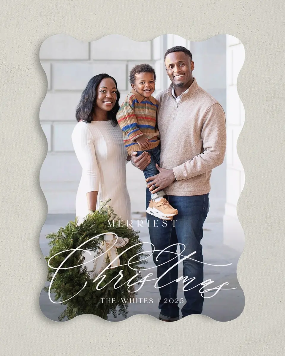 This is a 5" x 7" Christmas Card called Scripted Christmas printed in full color on Premium Smooth paper