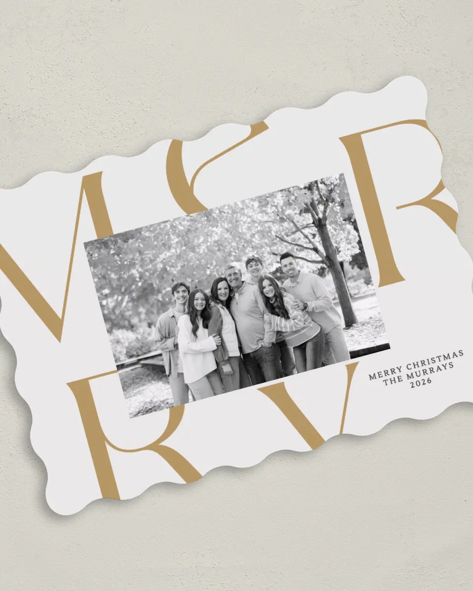 This is a 5" x 7" Christmas Card called Very Merry printed in full color with Gold foil on Premium Smooth paper