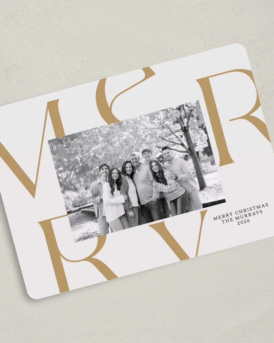 This is a 5" x 7" Christmas Card called Very Merry printed in full color with Gold foil on Premium Smooth paper