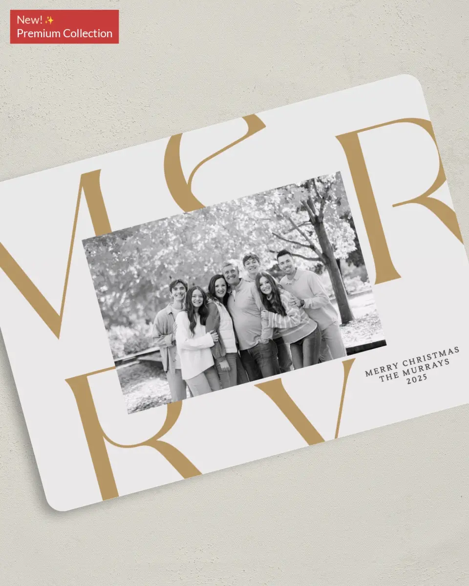 This is a 5" x 7" Christmas Card called Very Merry printed in full color with Gold foil on Premium Smooth paper