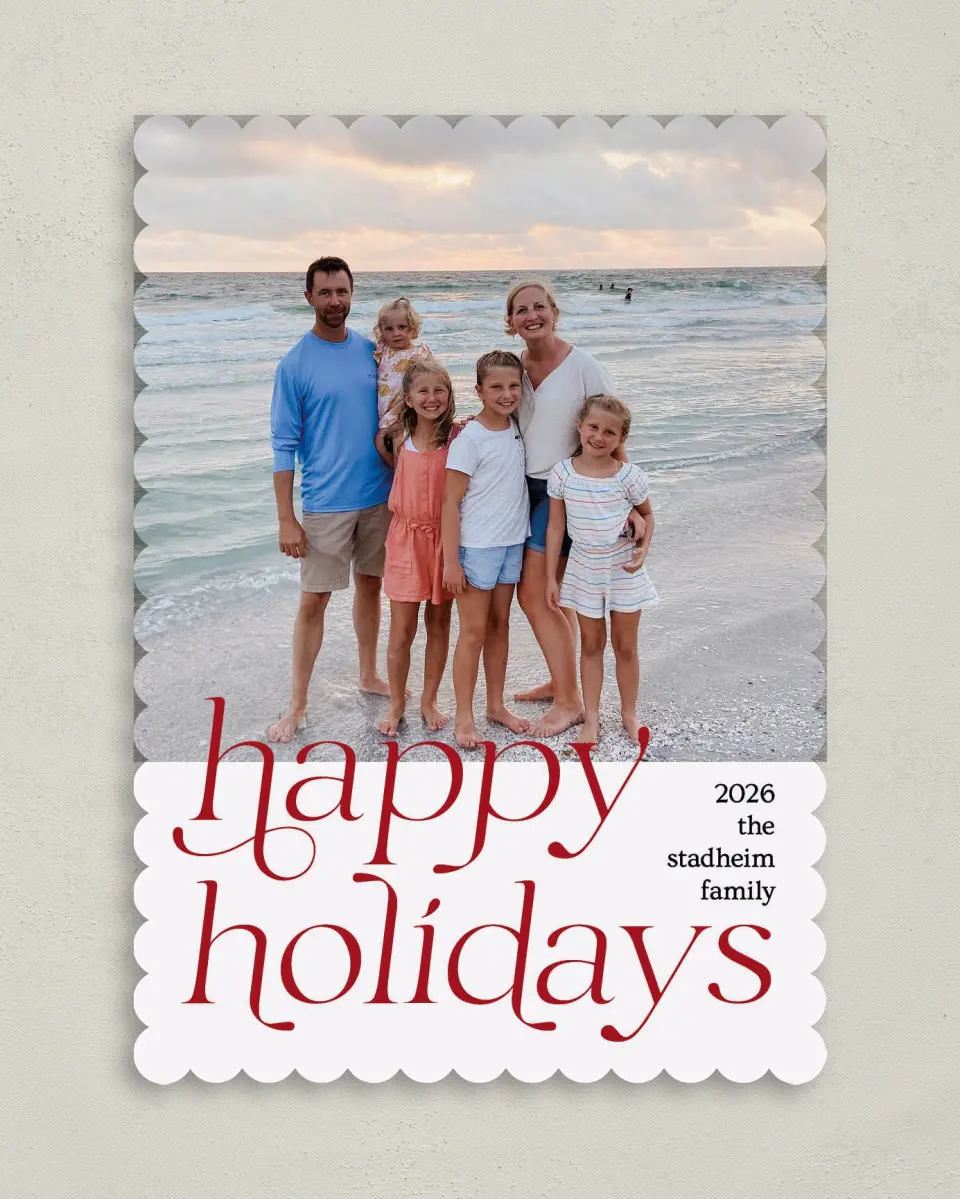 This is a 5" x 7" Christmas Card called Holiday of Happiness printed in full color with Gold foil on Premium Smooth paper on Premium Smooth paper on Premium Smooth paper