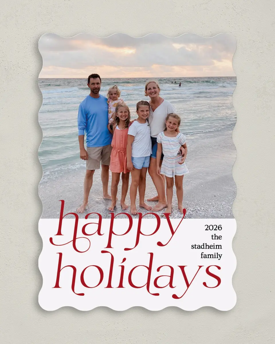This is a 5" x 7" Christmas Card called Holiday of Happiness printed in full color with Gold foil on Premium Smooth paper