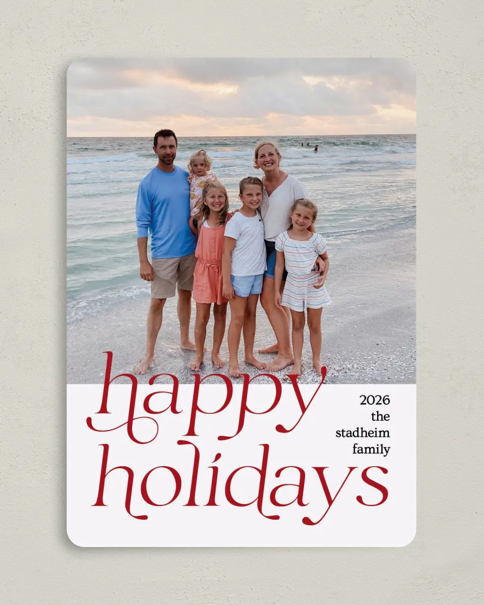This is a 5" x 7" Christmas Card called Holiday of Happiness printed in full color with Gold foil on Premium Smooth paper