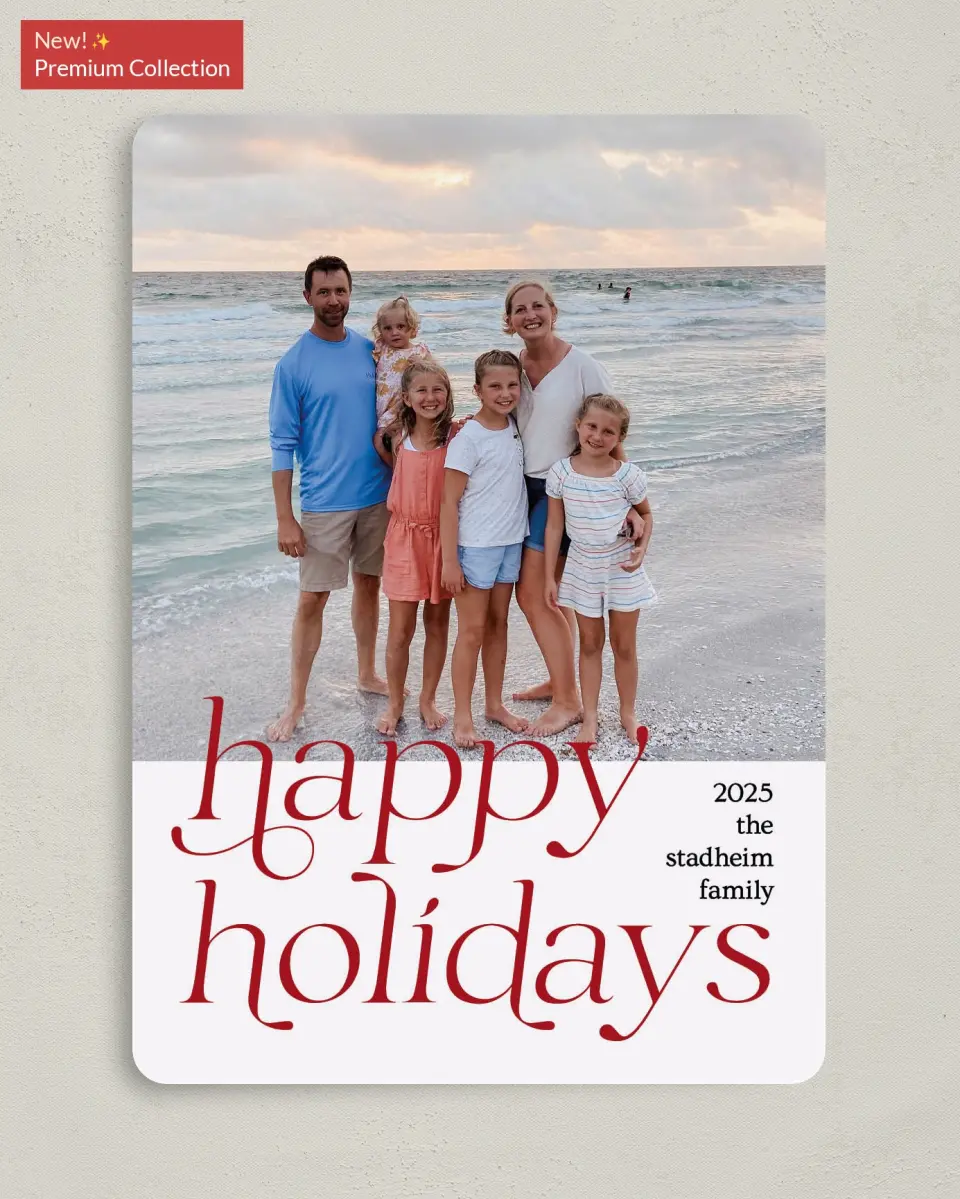 This is a 5" x 7" Christmas Card called Holiday of Happiness printed in full color with Gold foil on Premium Smooth paper