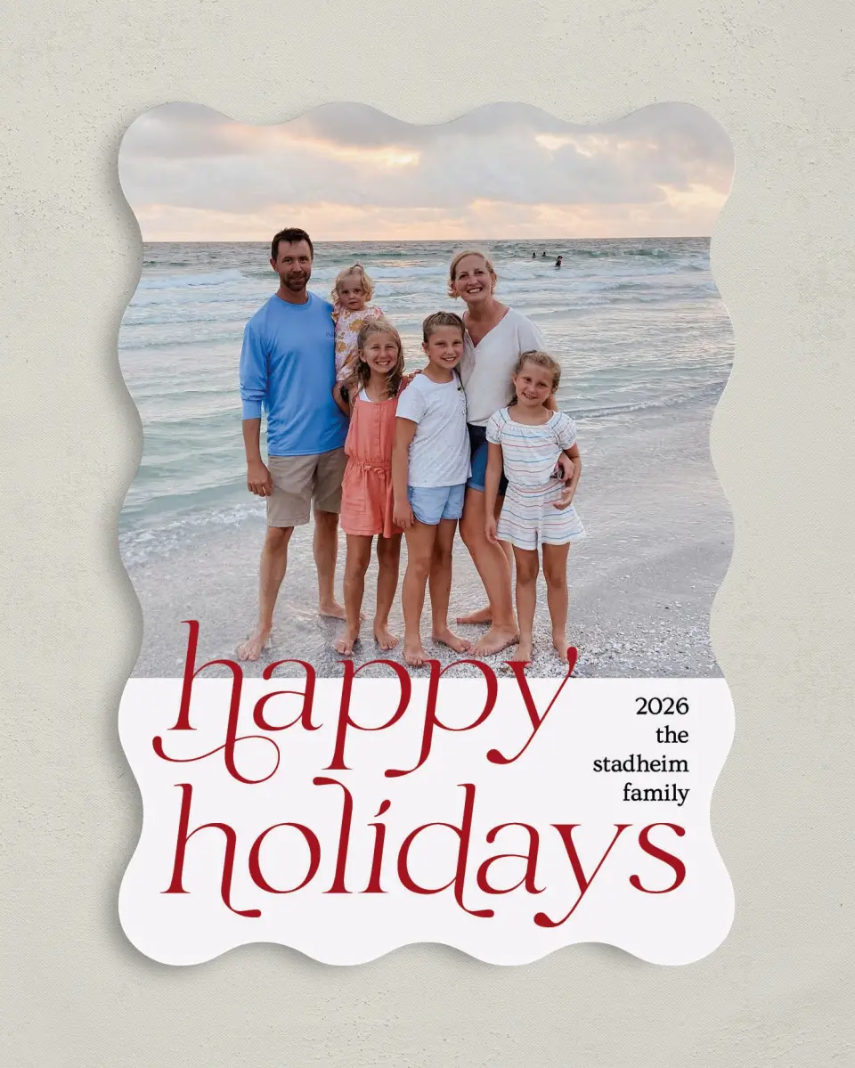 This is a 5" x 7" Christmas Card called Holiday of Happiness printed in full color with Gold foil on Premium Smooth paper