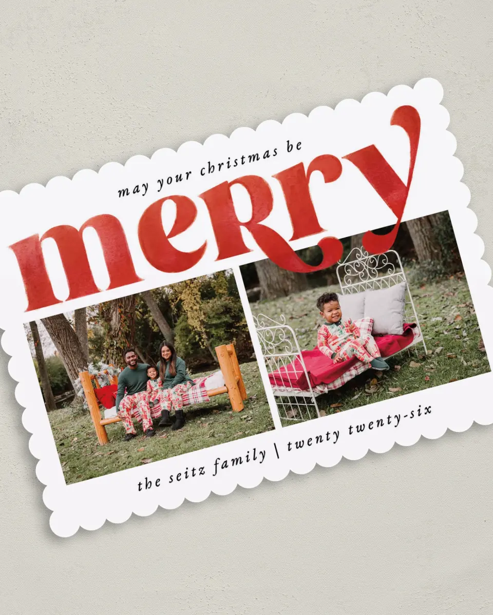 This is a 5" x 7" Christmas Card called May You Be Merry printed in full color with Gold foil on Premium Smooth paper on Premium Smooth paper on Premium Smooth paper
