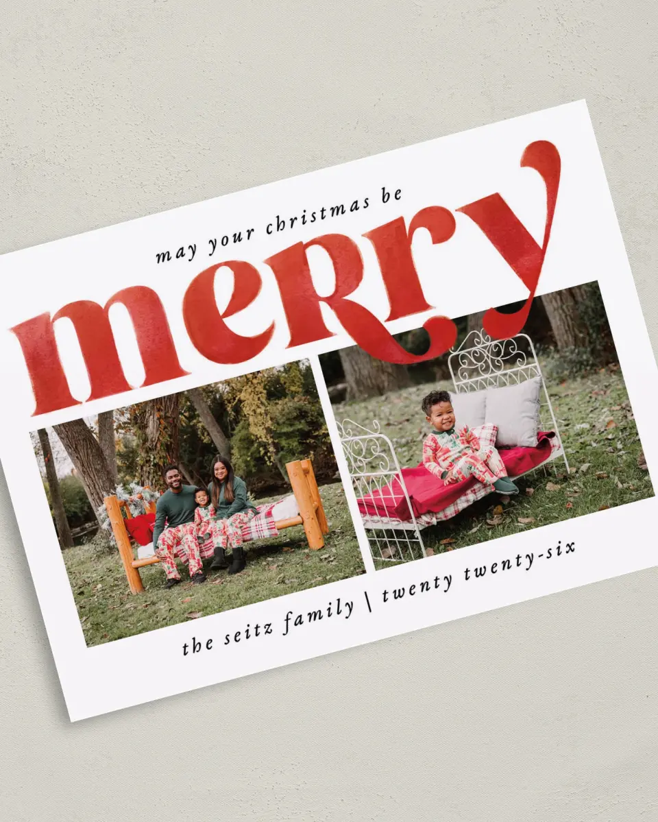 This is a 5" x 7" Christmas Card called May You Be Merry printed in full color with Gold foil on Soft Suede (coated) paper