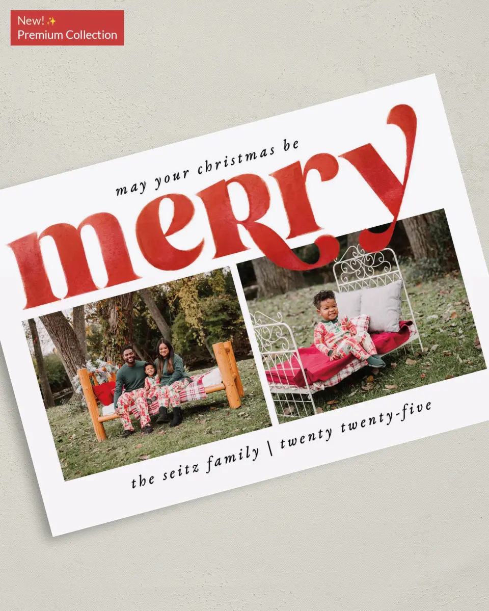 This is a 5" x 7" Christmas Card called May You Be Merry printed in full color with Gold foil on Premium Smooth paper