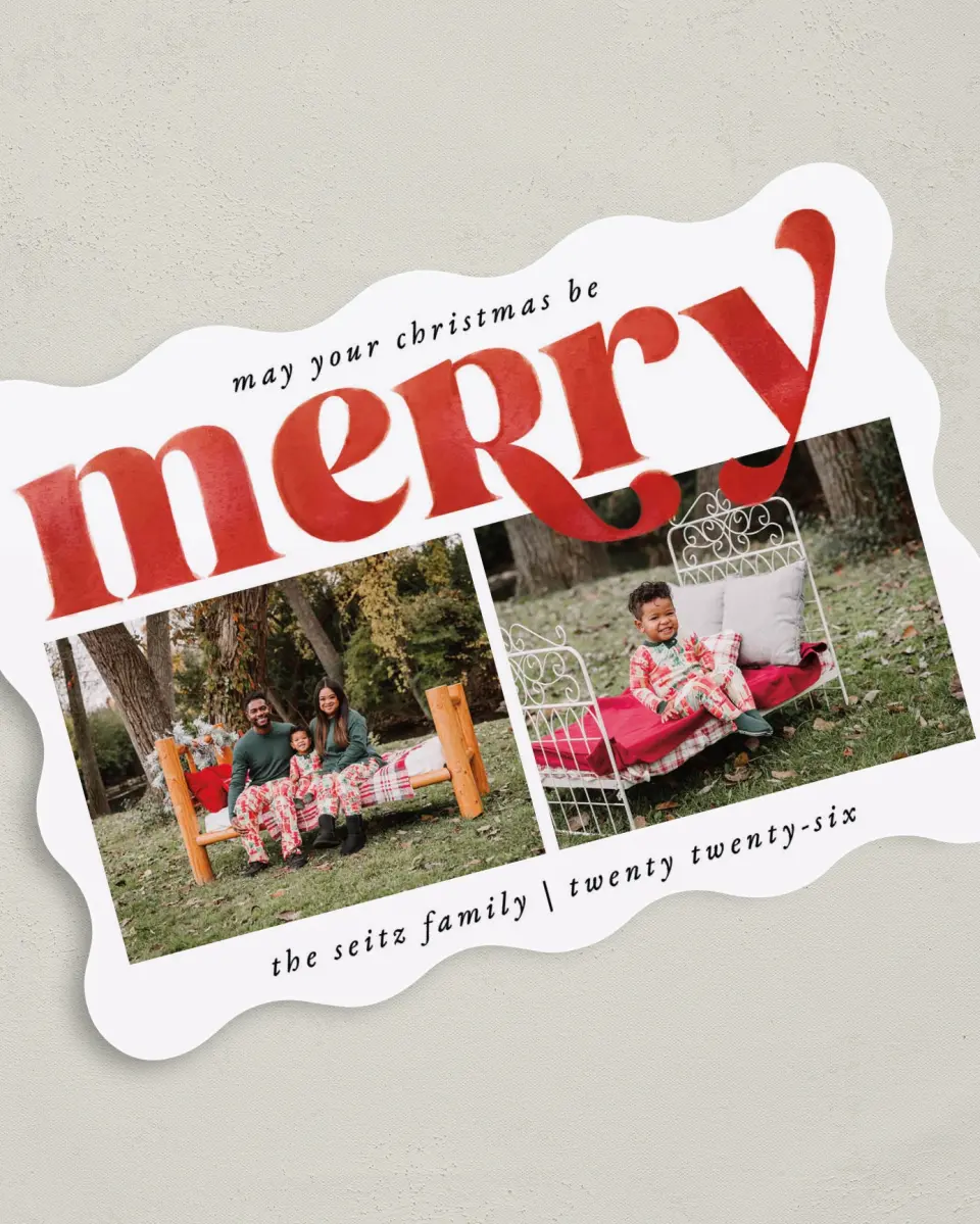 This is a 5" x 7" Christmas Card called May You Be Merry printed in full color with Gold foil on Premium Smooth paper