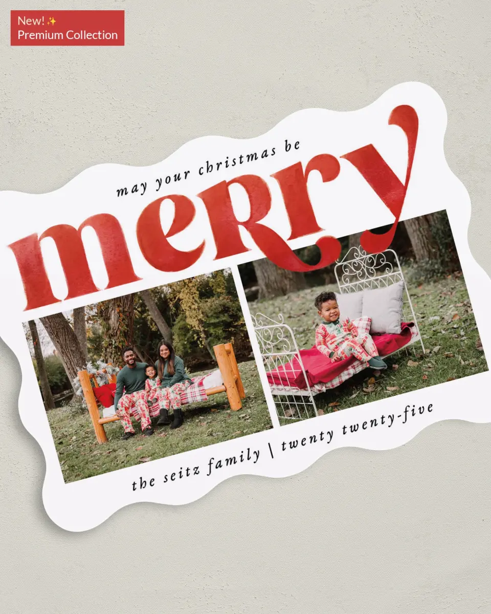 This is a 5" x 7" Christmas Card called May You Be Merry printed in full color with Gold foil on Premium Smooth paper