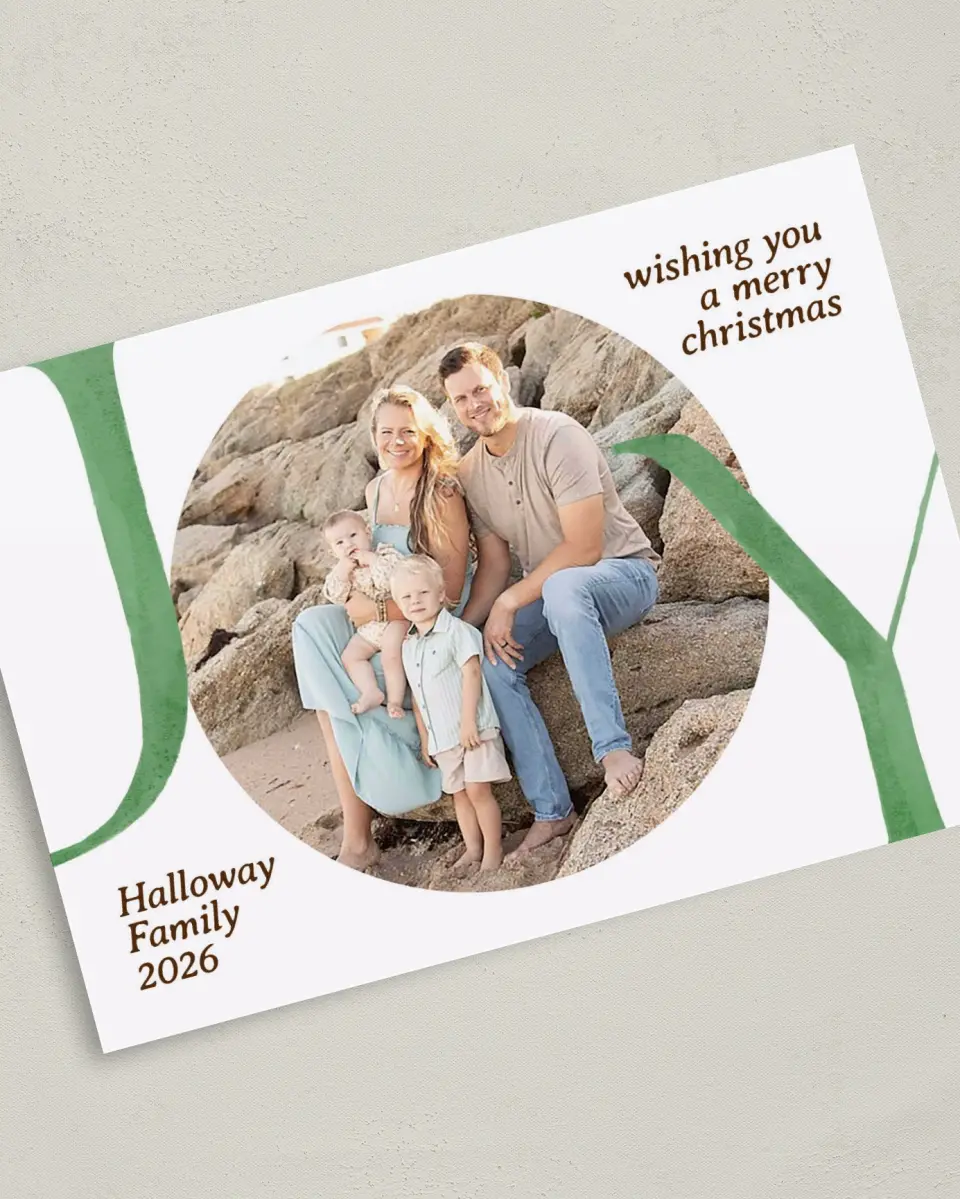 This is a 5" x 7" Christmas Card called Fullness of Joy printed in full color with Gold foil on Premium Smooth paper
