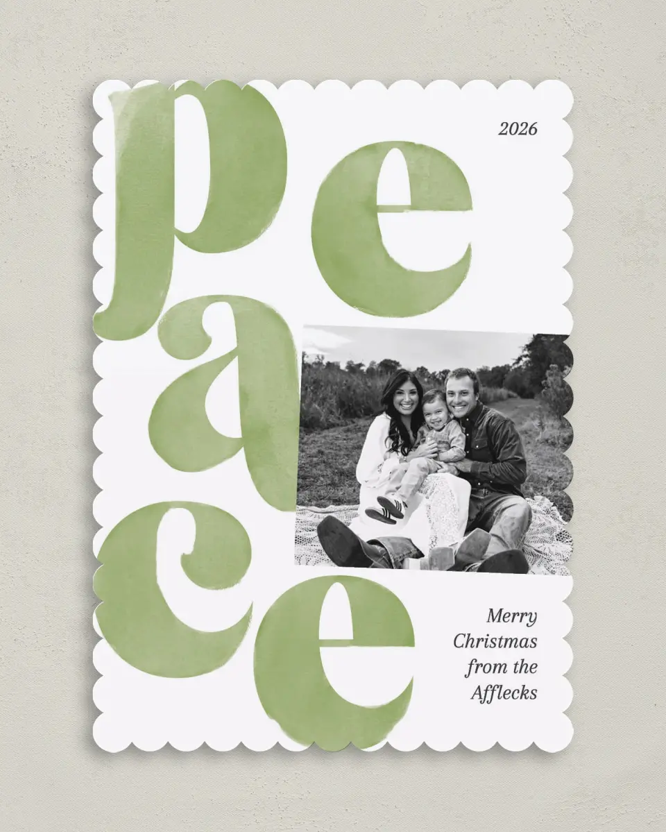 This is a 5" x 7" Christmas Card called Perfect Peace printed in full color with Gold foil on Premium Smooth paper on Premium Smooth paper on Premium Smooth paper