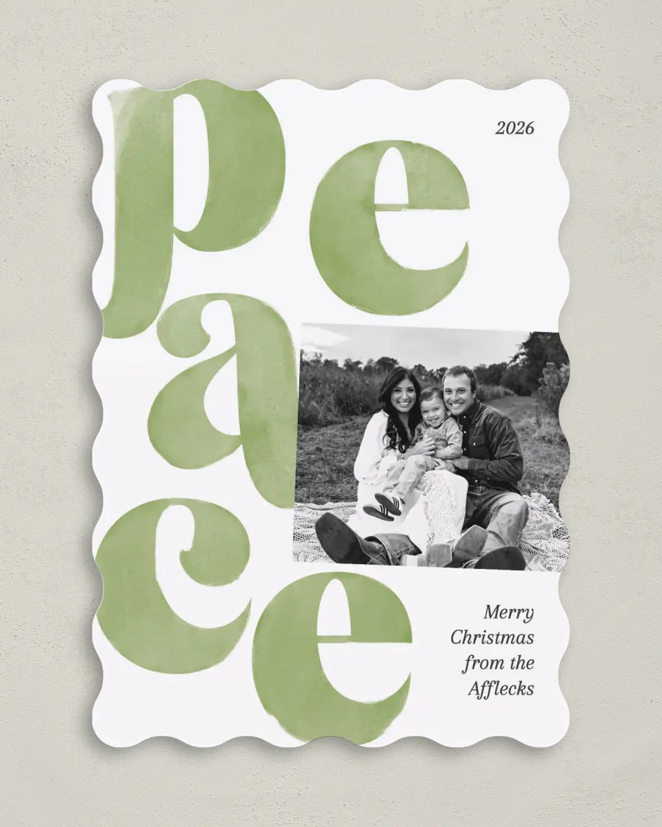 This is a 5" x 7" Christmas Card called Perfect Peace printed in full color with Gold foil on Premium Smooth paper