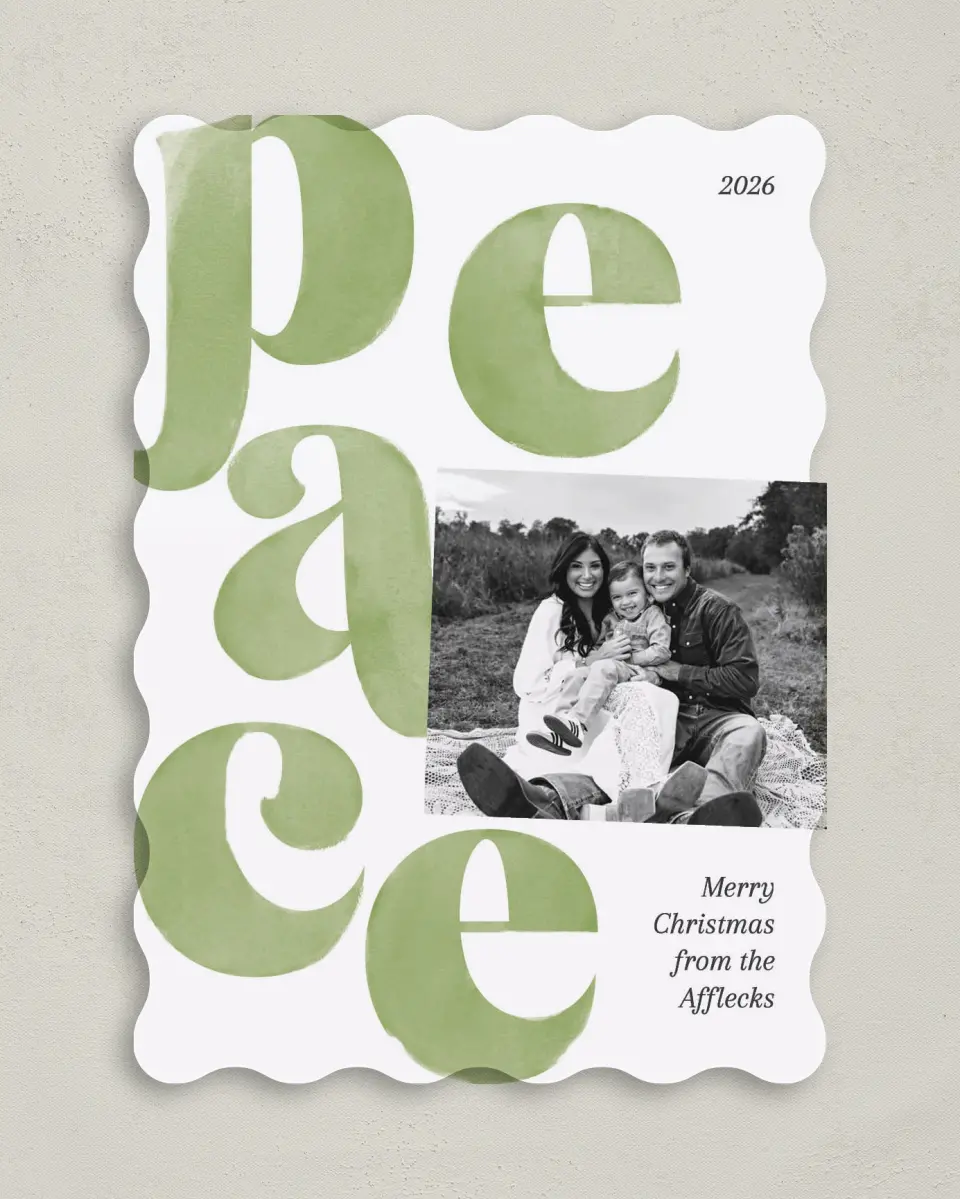 This is a 5" x 7" Christmas Card called Perfect Peace printed in full color with Gold foil on Premium Smooth paper