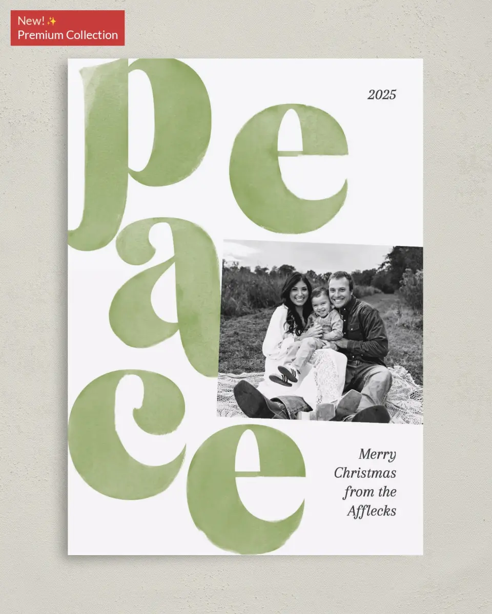 This is a 5" x 7" Christmas Card called Perfect Peace printed in full color with Gold foil on Premium Smooth paper