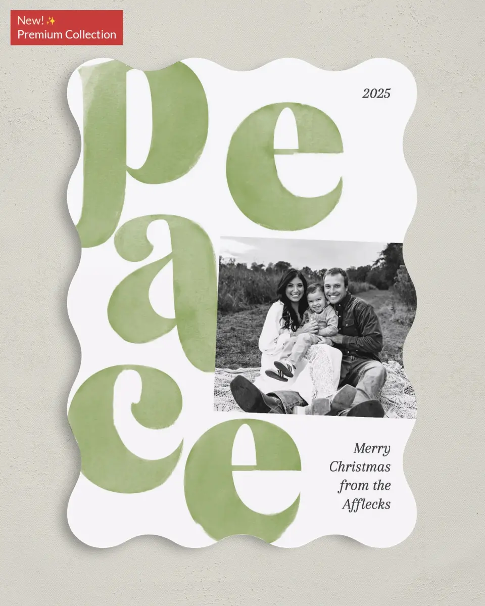 This is a 5" x 7" Christmas Card called Perfect Peace printed in full color with Gold foil on Premium Smooth paper