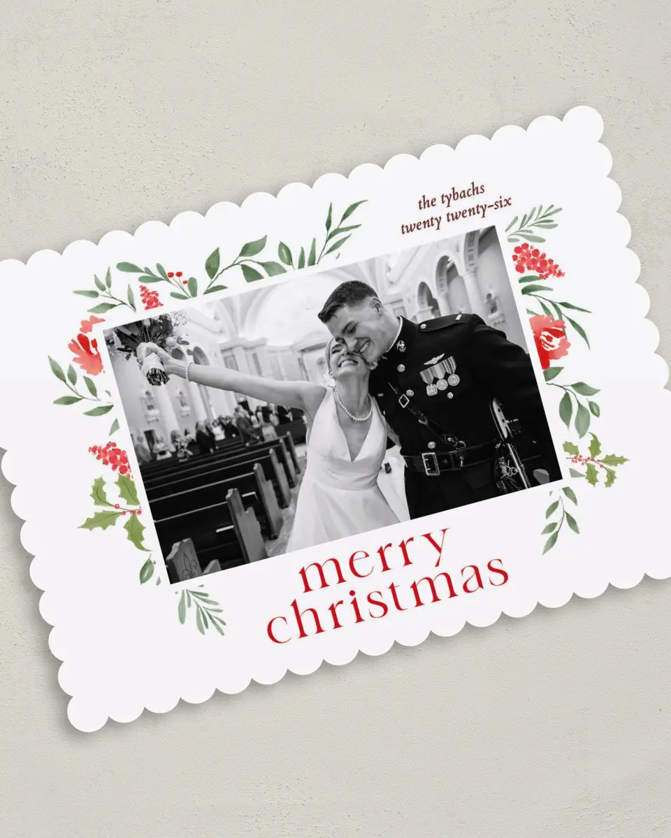 This is a 5" x 7" Christmas Card called Boughs of Holly printed in full color with Gold foil on Premium Smooth paper on Premium Smooth paper on Premium Smooth paper