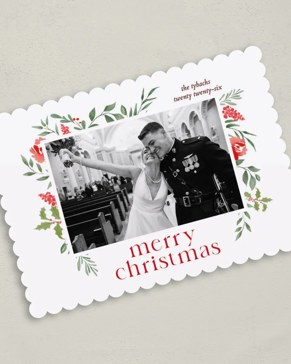 This is a 5" x 7" Christmas Card called Boughs of Holly printed in full color with Gold foil on Premium Smooth paper on Premium Smooth paper on Premium Smooth paper