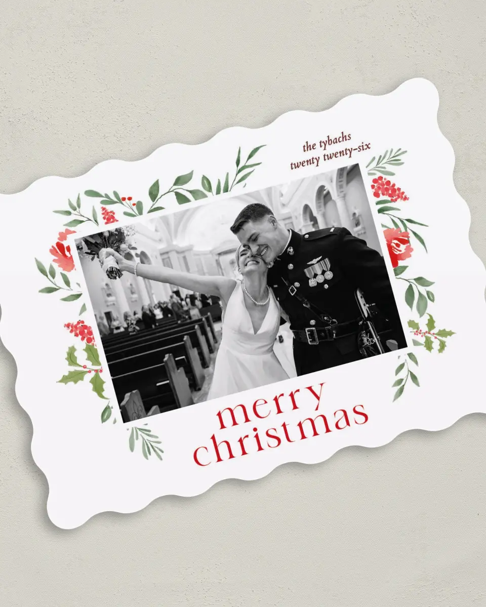 This is a 5" x 7" Christmas Card called Boughs of Holly printed in full color with Gold foil on Premium Smooth paper