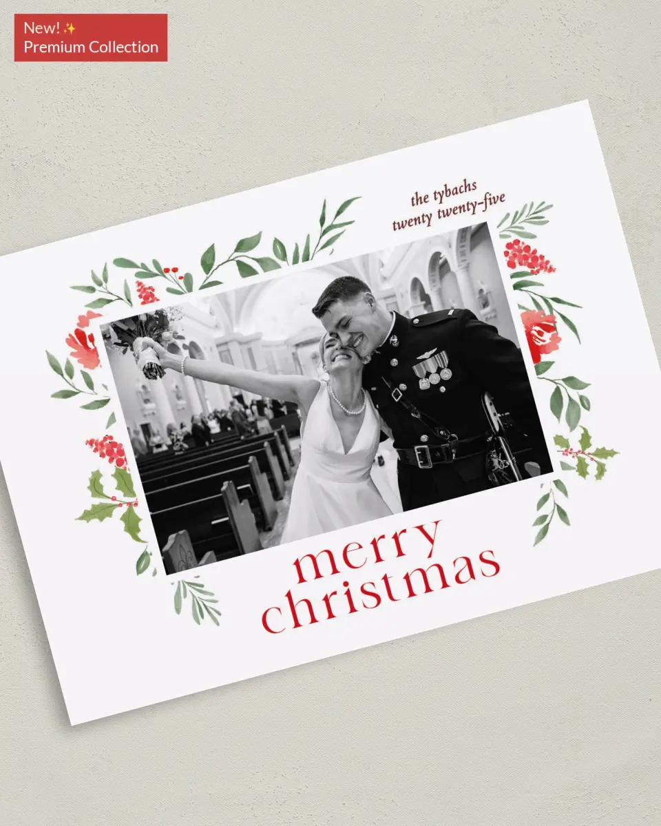 This is a 5" x 7" Christmas Card called Boughs of Holly printed in full color with Gold foil on Premium Smooth paper