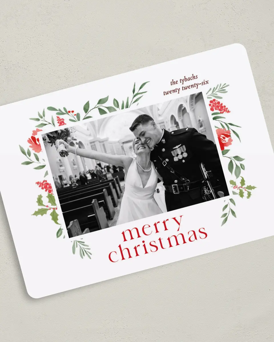This is a 5" x 7" Christmas Card called Boughs of Holly printed in full color with Gold foil on Premium Smooth paper