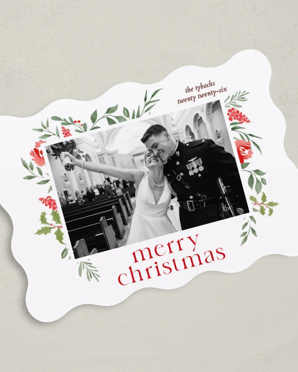 This is a 5" x 7" Christmas Card called Boughs of Holly printed in full color with Gold foil on Premium Smooth paper