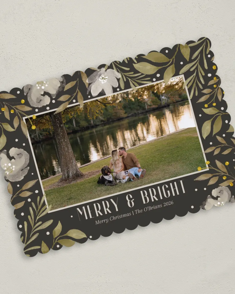 This is a 5" x 7" Christmas Card called Frosted Blooms printed in full color with Gold foil on Premium Smooth paper on Premium Smooth paper on Premium Smooth paper