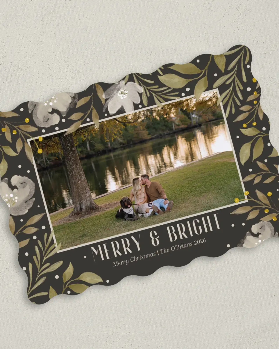 This is a 5" x 7" Christmas Card called Frosted Blooms printed in full color with Gold foil on Premium Smooth paper