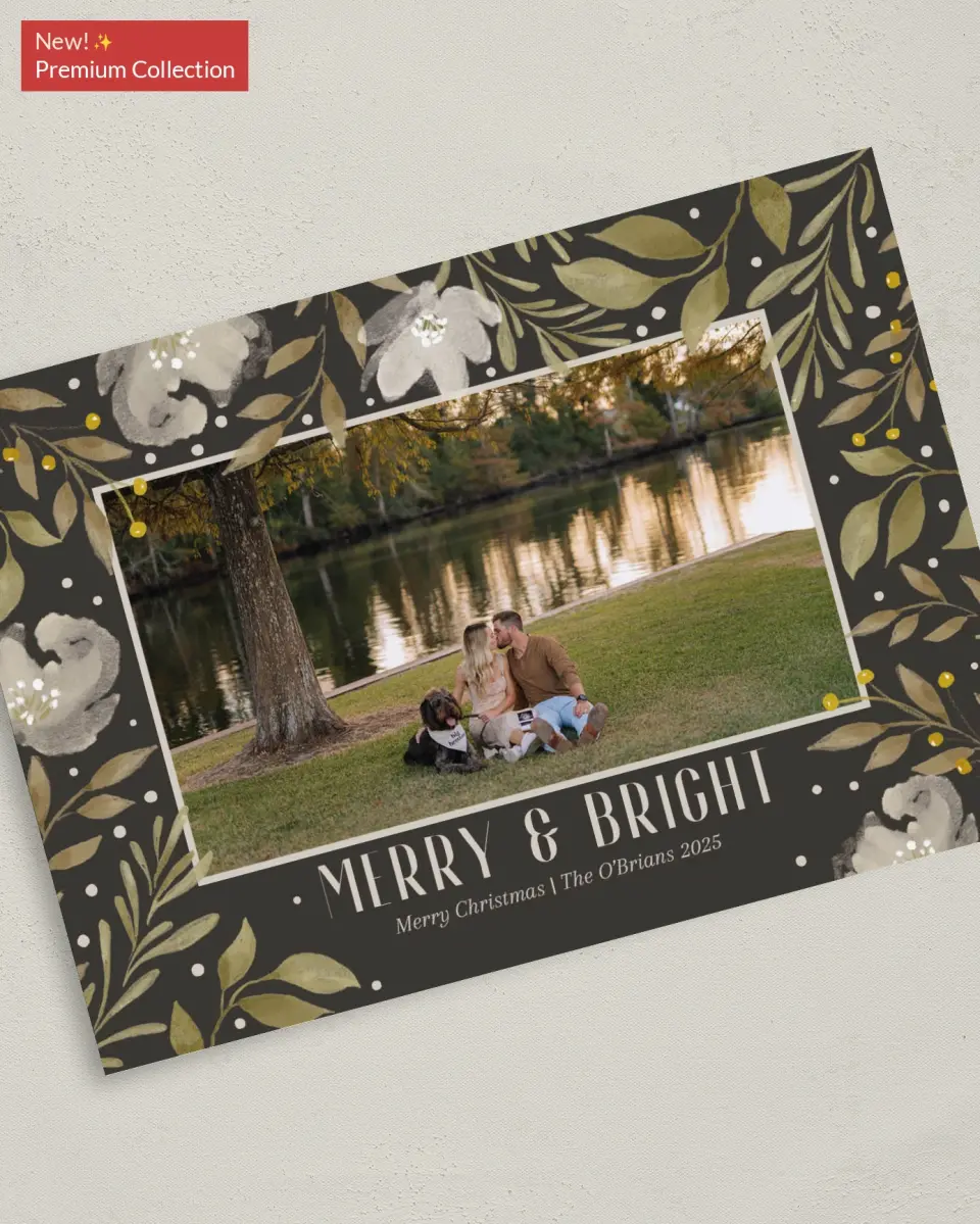 This is a 5" x 7" Christmas Card called Frosted Blooms printed in full color with Gold foil on Premium Smooth paper