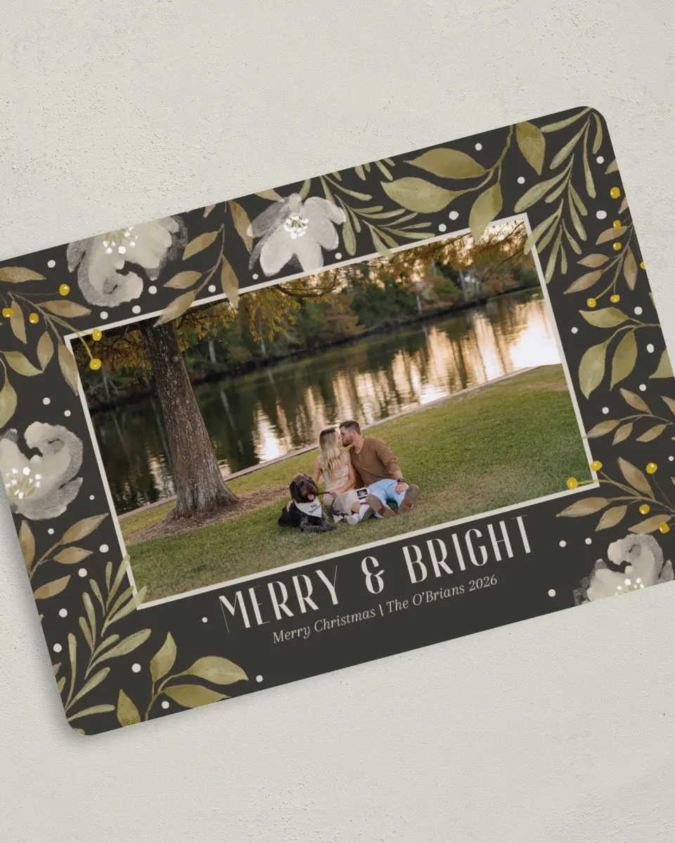 This is a 5" x 7" Christmas Card called Frosted Blooms printed in full color with Gold foil on Premium Smooth paper