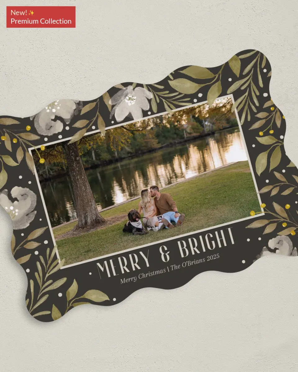 This is a 5" x 7" Christmas Card called Frosted Blooms printed in full color with Gold foil on Premium Smooth paper