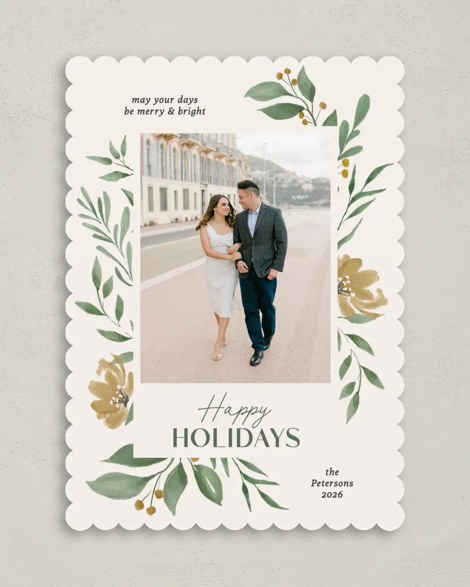 This is a 5" x 7" Christmas Card called Merry Botanicals printed in full color with Gold foil on Premium Smooth paper on Premium Smooth paper on Premium Smooth paper