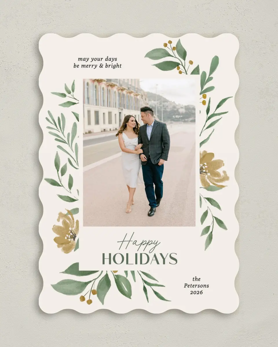 This is a 5" x 7" Christmas Card called Merry Botanicals printed in full color with Gold foil on Premium Smooth paper