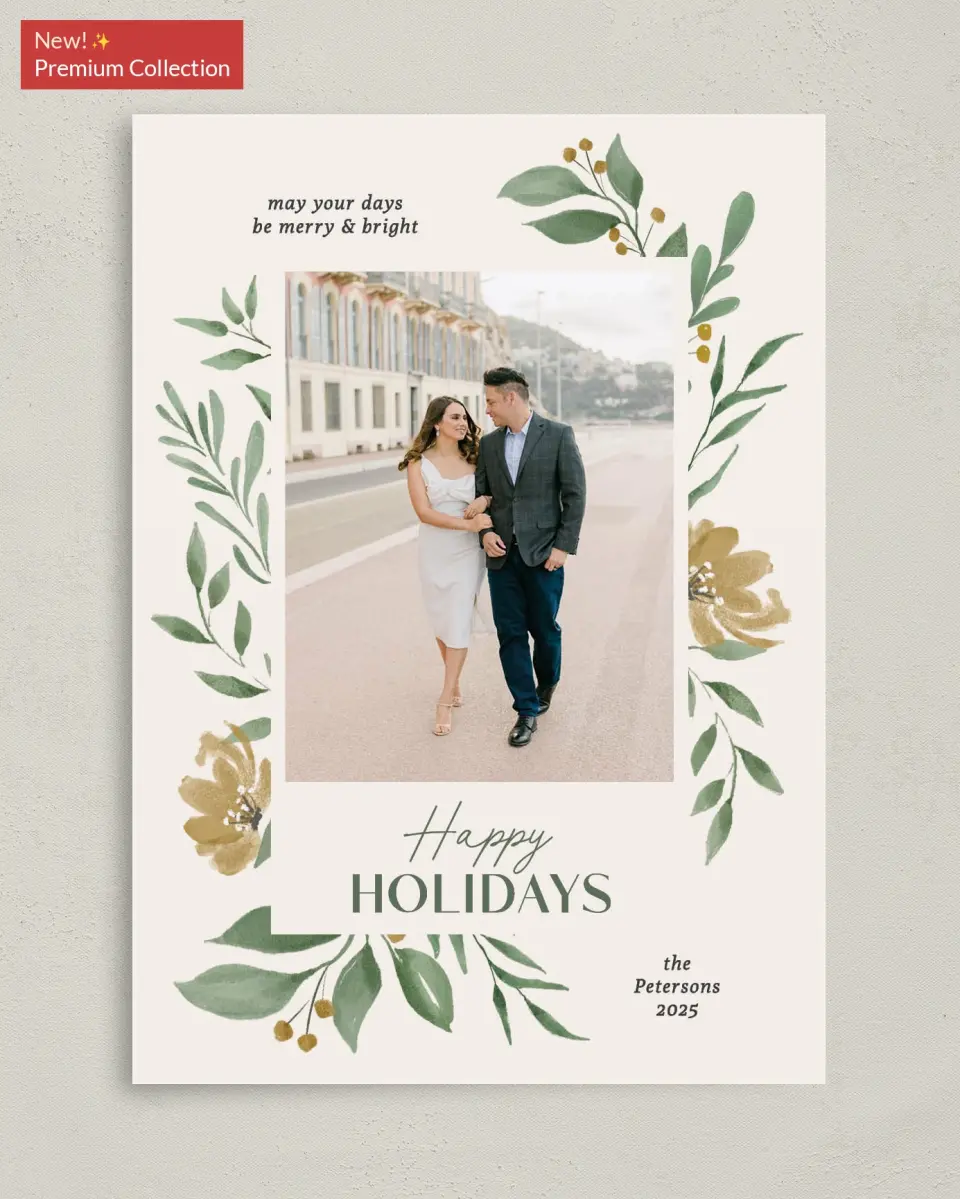 This is a 5" x 7" Christmas Card called Merry Botanicals printed in full color with Gold foil on Premium Smooth paper